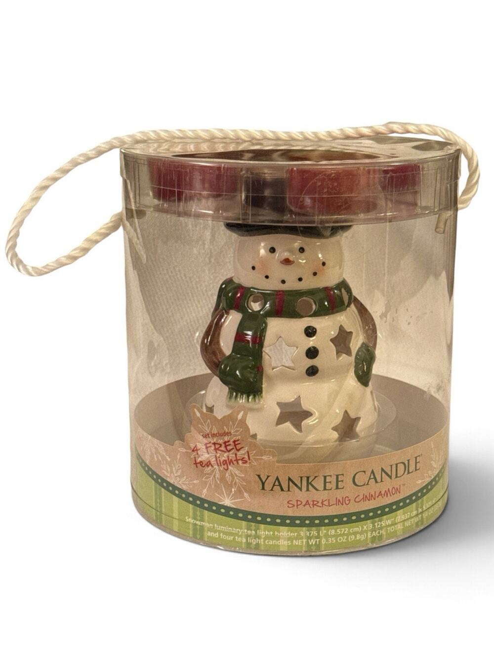2013 NOS Yankee Candle Sparkling Cinnamon Ceramic Snowman Tea Light Holder Set